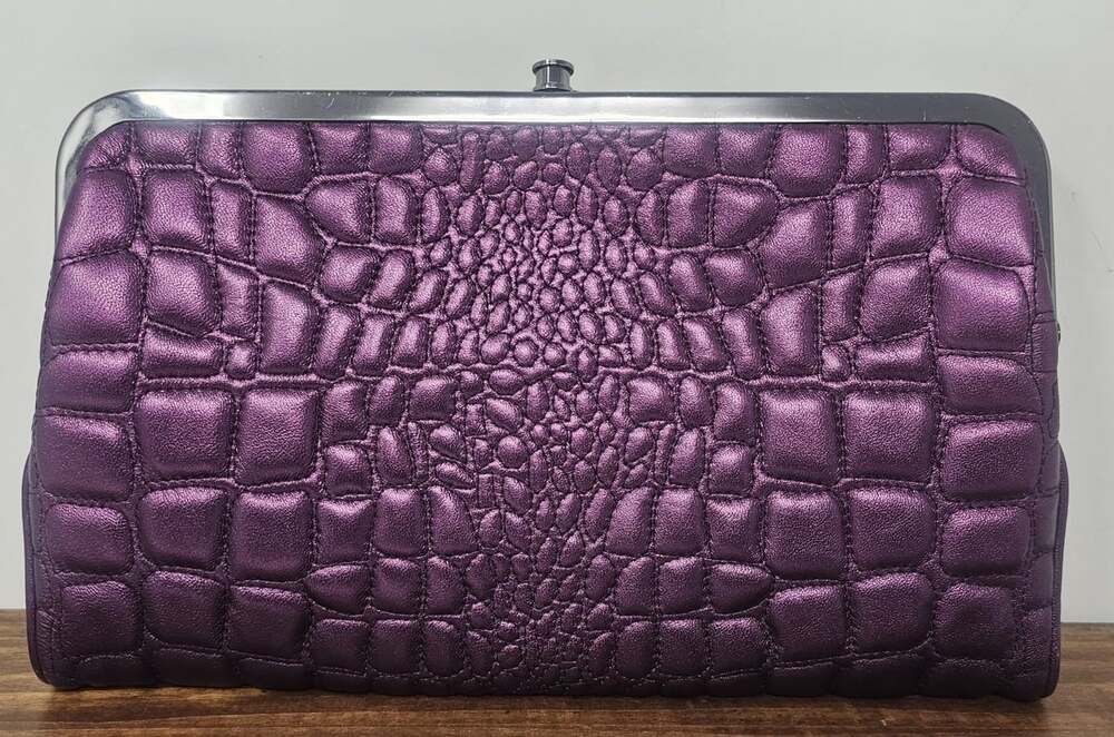Vtg HOBO Lauren Metallic Purple Croc Embossed Leather Clutch Wallet Oversized